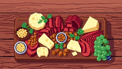 8-bit pixel art of a charcuterie board with meats, cheeses, nuts and pixel grapes on a wooden table, rustic aesthetic