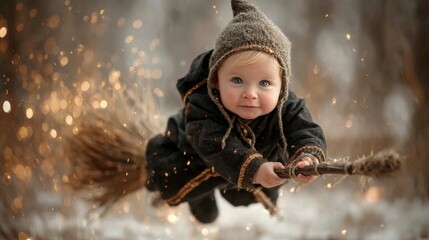 A young child in a cozy outfit flies on a broomstick surrounded by magical sparks, creating an enchanting, whimsical scene in a winter forest.
