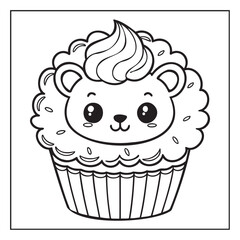 Cute Bear Face Cupcake Kawaii Coloring Page