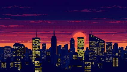 8-bit pixel art of a city skyline at sunset, glowing windows and reflective buildings, rich sky gradient, silhouettes