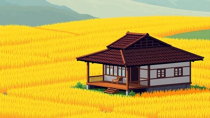 8-bit pixel art of a countryside Japanese home surrounded by golden rice fields, open-air veranda and tiled roofing visible, nostalgic retro feel