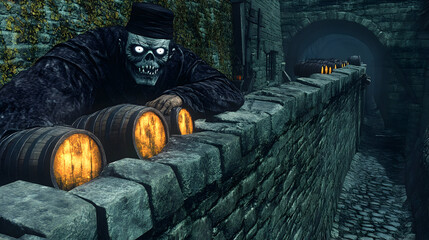 black skinny tall scary figure with white eyes stares in the distance of a very dark tunnel