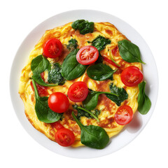 Omelet filled with spinach and cherry tomatoes, isolated on white transparent background, concept of healthy breakfast and nutrition