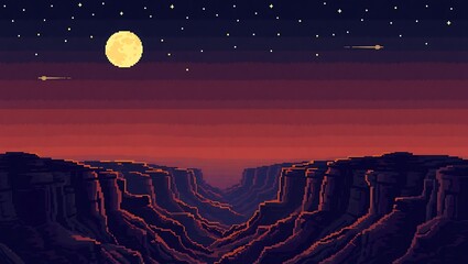8-bit pixel art of a distant glowing moon over a pixel canyon at night, glowing outlines and shadow details, desert night palette