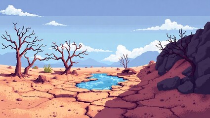 8-bit pixel art of a dry, cracked oasis bed with no water, surrounded by sand and barren trees