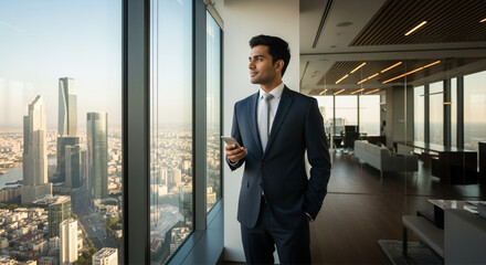 Successful Indian young businessman holding smartphone, admiring big city view through panoramic window.