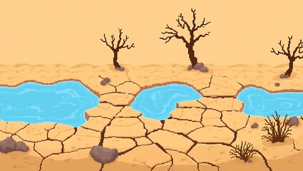 8-bit pixel art of a dry, cracked oasis bed with no water, surrounded by sand and barren trees