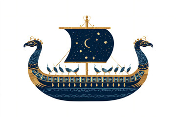 A vector illustration of an Egyptian celestial boat with star motifs