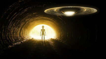 black skinny tall scary figure with white eyes stares in the distance of a very dark tunnel