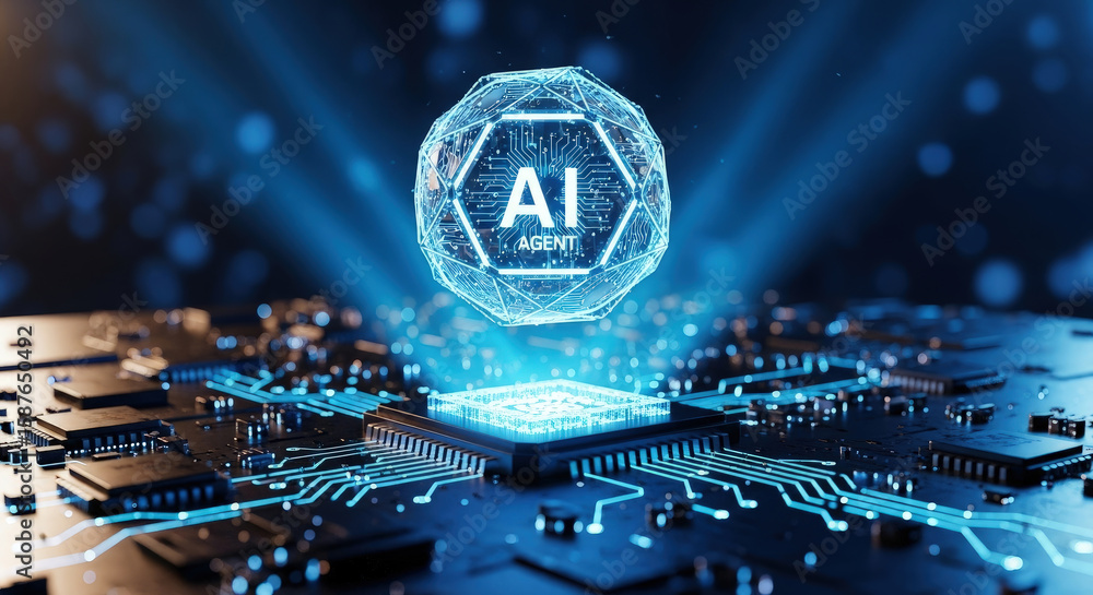 Poster ai agent concept: futuristic technology background with glowing circuitry and data sphere. ideal for