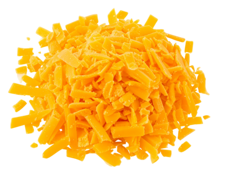 Close-Up of Bright Orange Cheddar Cheese Crumbles Pile, Isolated PNG