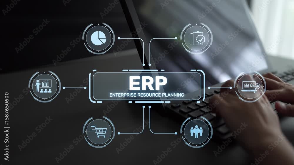 Poster erp platform visual showing centralized system for enterprise resource planning, improving integrati