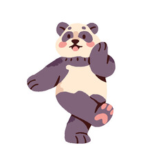 Cute panda dances. Funny anthropomorphic animal moves with music, has fun at the party. Happy Asian bear celebrates success, rejoices at winning. Flat isolated vector illustration on white background