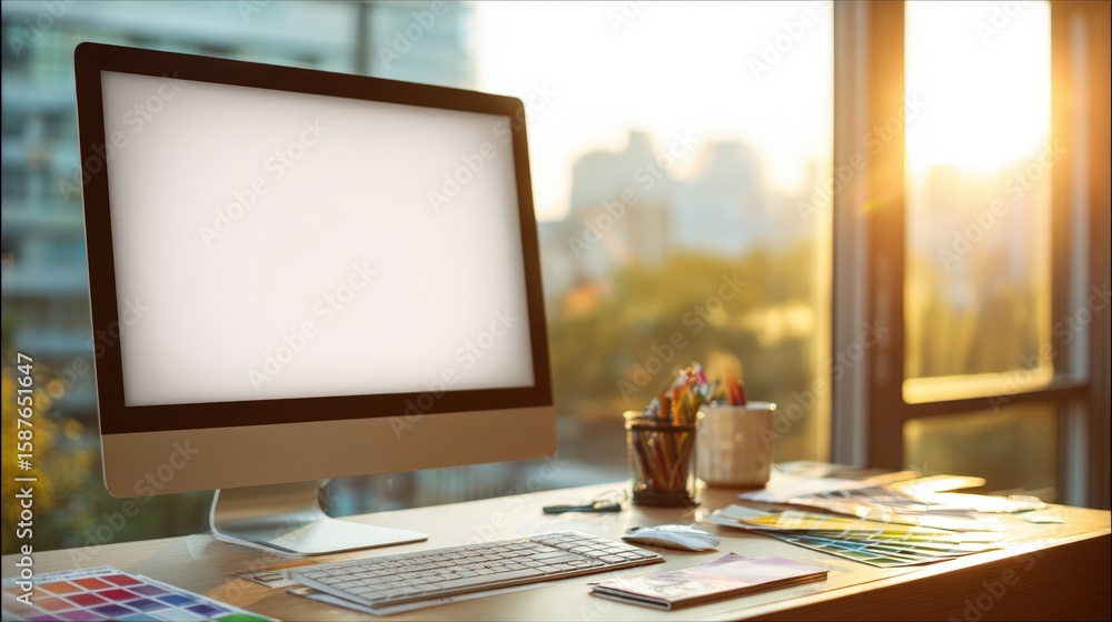 Poster a modern workspace with a blank computer monitor, keyboard, and colorful stationery, illuminated by 