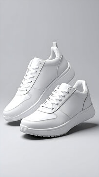 A pair of stylish white sneakers displayed on a simple background.