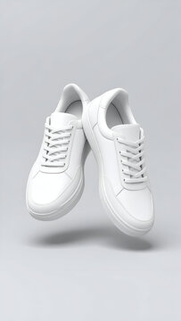 A pair of white sneakers displayed in a minimalistic setting.