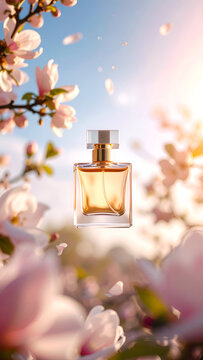 A perfume bottle surrounded by blooming flowers in a bright, sunny atmosphere.