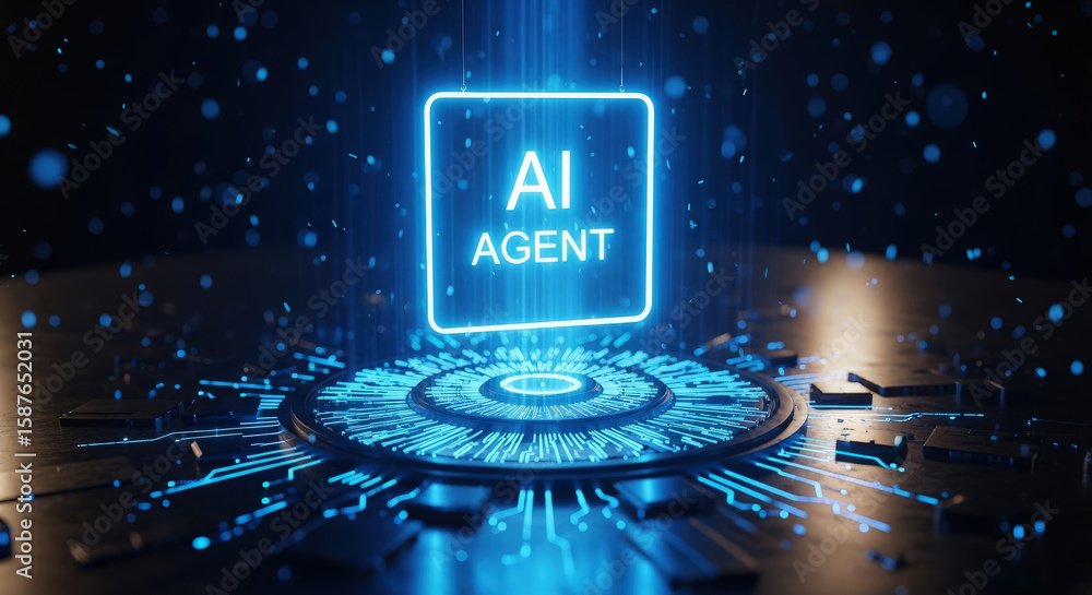 Poster futuristic ai agent concept: glowing neon sign on circuit board with data flow, representing artific