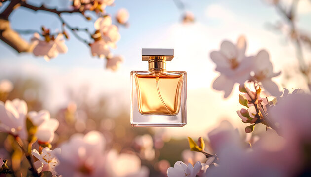 A perfume bottle suspended among blooming flowers, evoking beauty and fragrance.