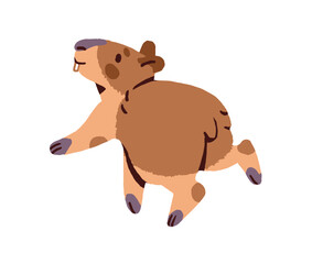 Funny baby capybara dances at the party. Cute anthropomorphic animal moves with music. Happy capibara character has fun. Adorable rodent walks. Flat isolated vector illustration on white background