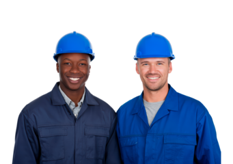 Two men engineers in blue hard hats and jackets smiling on transparent background, PNG