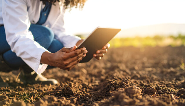 A person in a lab coat examines data on a tablet while kneeling in a field.
