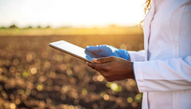 A person in a lab coat using a tablet in a field during sunset.