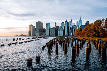 The skyline of Manhattan in New York City seen from the famous viewpoint at Old Pier 1 in Brooklyn