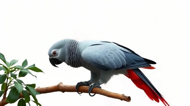 An african grey parrot perched on a branch, isolated on white background