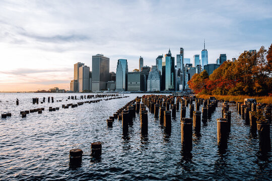 The skyline of Manhattan in New York City seen from the famous viewpoint at Old Pier 1 in Brooklyn