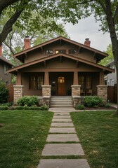 Fototapeta premium A craftsman style house with a stone walkway leading to the front porch and well manicured lawn area