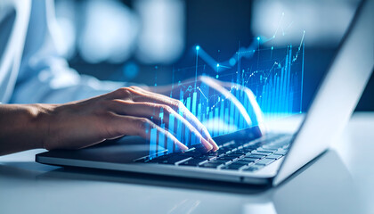 A person typing on a laptop with digital graphs overlaying the scene.