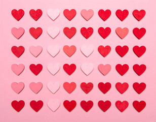 Flat lay of wooden heart shapes in shades of red and pink arranged in neat rows on a soft pink background. Great for craft, decor, or creative design projects.