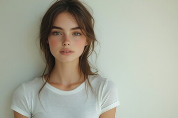Young woman posing against a simple wall in a casual white shirt, capturing a natural and relaxed expression in soft lighting