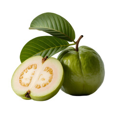 Fresh Green Guava with Leaves – Whole and Halved on  transparent background 