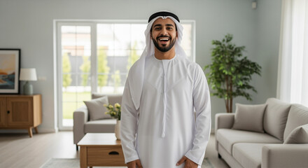 Portrait young adult Arabic man dressed in traditional white Islamic attire stand at living room of new house.