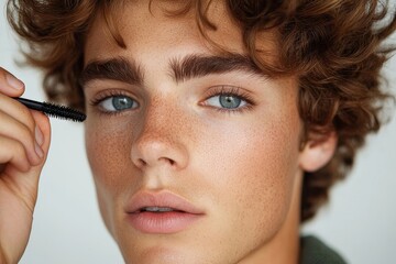 Young man applies mascara for a beauty look in a studio setting with soft lighting and natural highlights