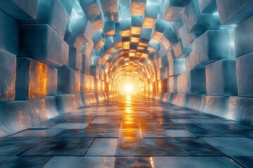 Unique perspective of an illuminated ice tunnel showcasing vibrant colors and reflections at sunset