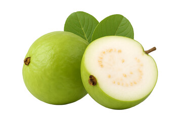 Fresh Green Guava with Leaves – Whole and Halved on  transparent background 
