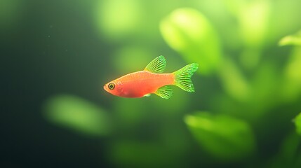 Obraz premium Vibrant orange fish with green fins swimming in lush green aquarium plants