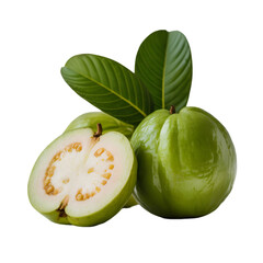 Fresh Green Guava with Leaves – Whole and Halved on  transparent background 