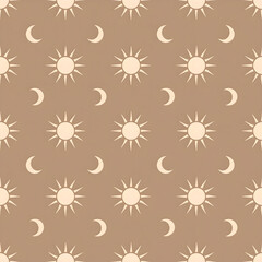 Seamless pattern featuring alternating sun and crescent moon icons on a muted brown background. Perfect for minimalist designs, textiles, or digital use.