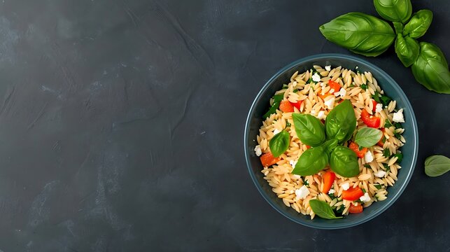 Fresh orzo salad with feta cheese and basil on a dark textured surface
