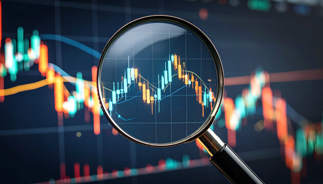 A magnifying glass focuses on a stock market chart, highlighting trading data analysis.