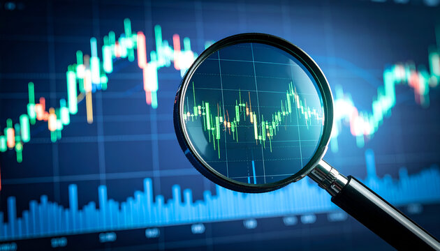 A magnifying glass focusing on a financial chart with fluctuating data trends.