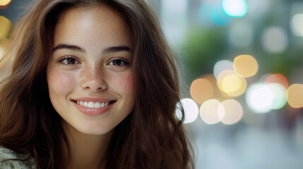 Obraz premium Close-up of a young woman with a round face and soft features, smiling gently, with a blurred city background and soft bokeh lights creating a dreamy atmosphere. 