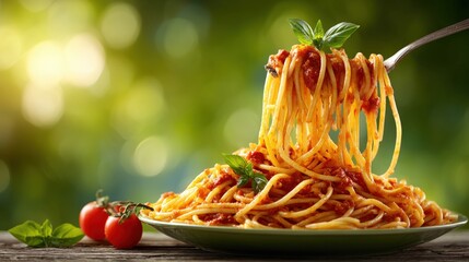 A fork twirls spaghetti with tomato sauce and basil, set against a vibrant, blurred green background with fresh tomatoes and basil leaves.