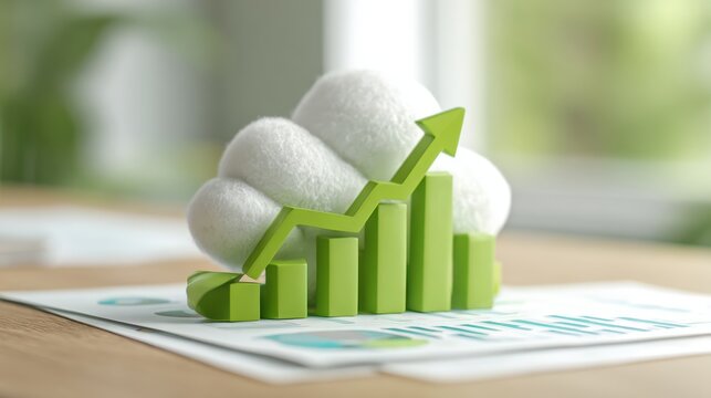 Green 3D bar graph with an upward arrow on a desk, symbolizing growth and success, with a cloud in the background. - Powered by Adobe