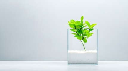 Vibrant green plant in a clear glass vase with white pebbles
