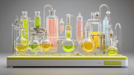A colorful laboratory setup with various glass beakers and tubes filled with vibrant liquids on a yellow base, showcasing a scientific experiment.